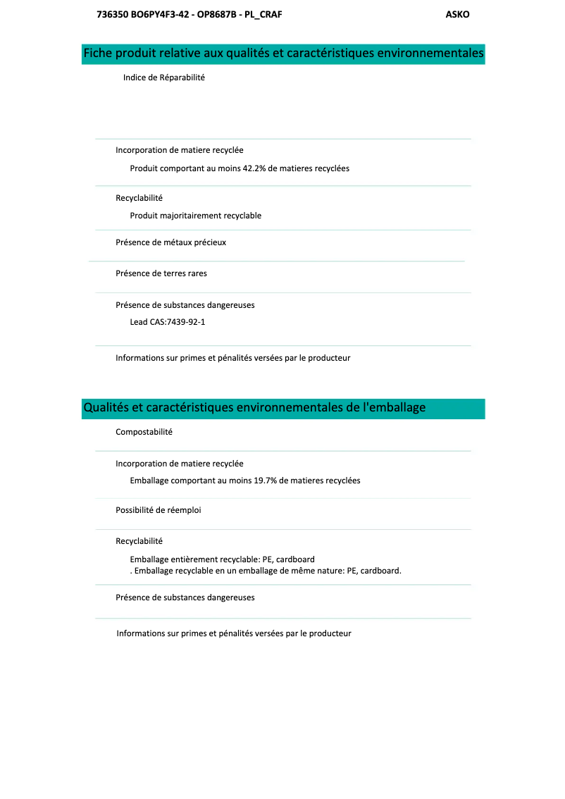 Page n°1 - Fiche technique Asko OP8687BB