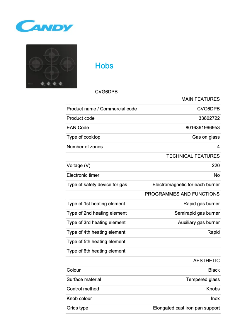 Page 1 de la notice Fiche technique Candy CVG6DPB