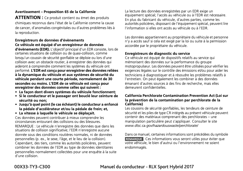 Page 1 de la notice Manuel utilisateur Acura RLX Hybrid (2017)