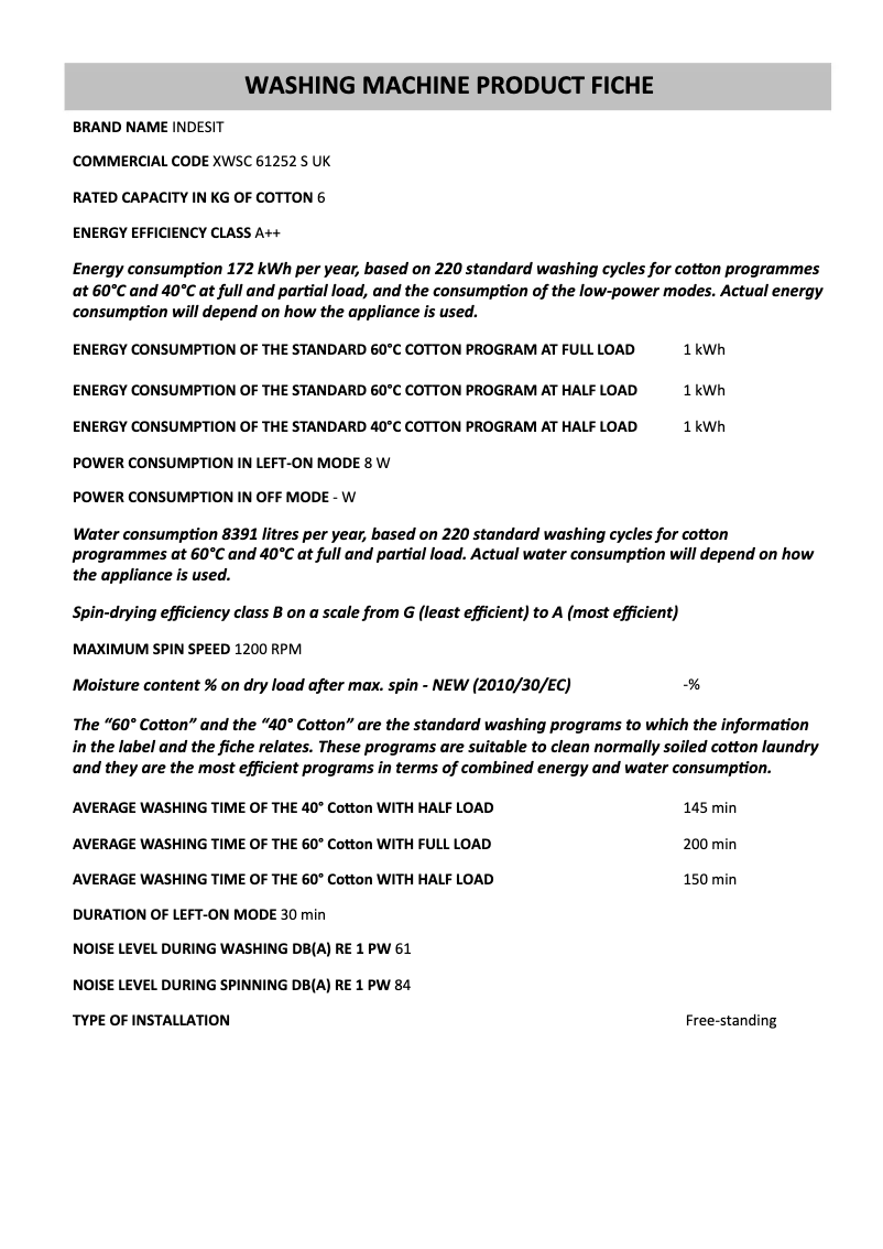 Page 1 de la notice Instructions / montage Indesit XWSC 61252 S UK