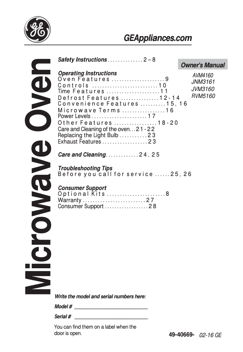 Page 1 of the manual User Manual GE JVM3160DFCC
