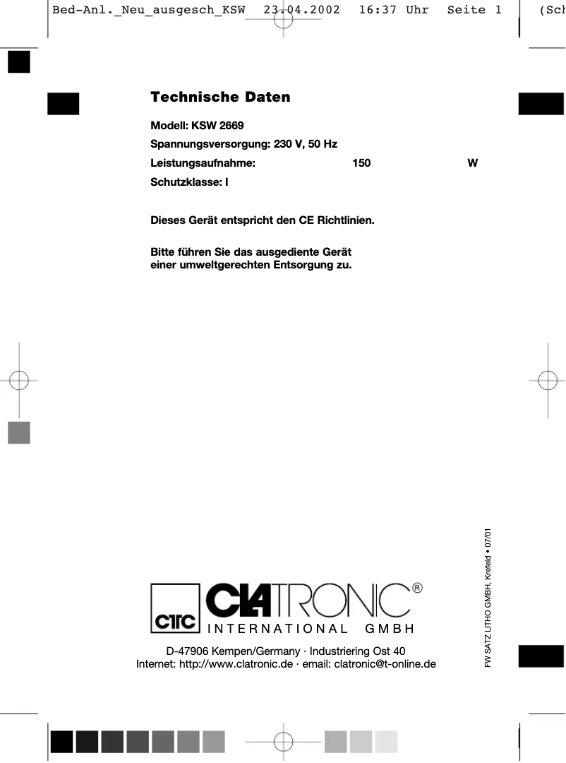 Page 1 de la notice Manuel utilisateur Clatronic KSW 2669