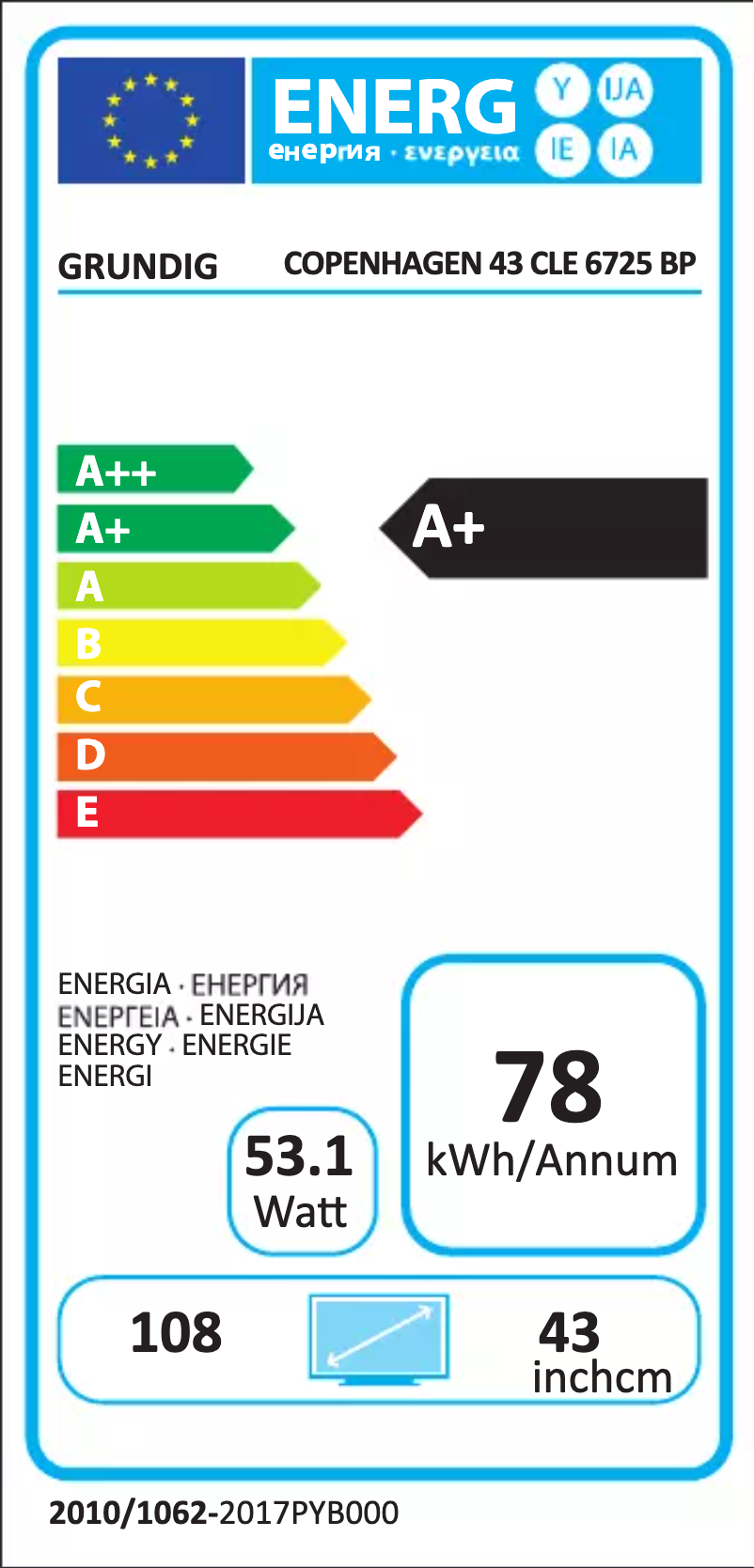 Page 1 de la notice Label énergétique Grundig Copenhagen 43 CLE 6725 BP