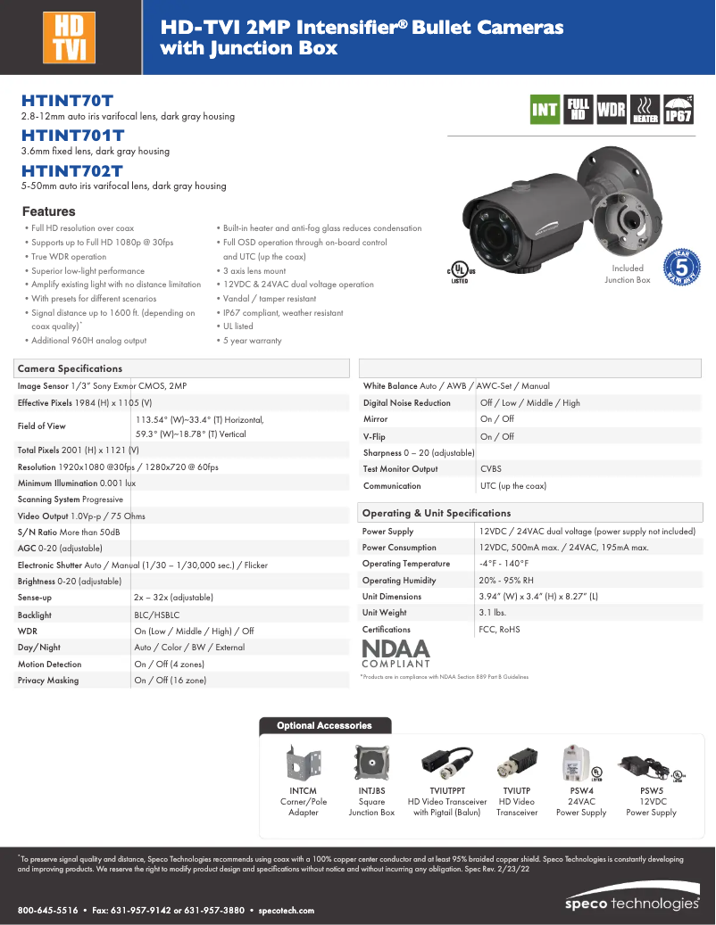 Page 1 de la notice Fiche technique Speco Technologies HTINT70T