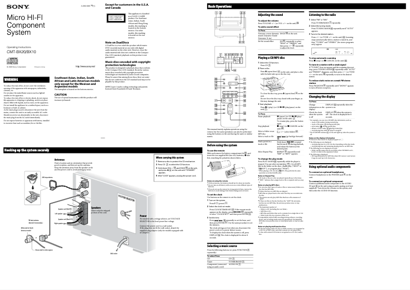 Page 1 de la notice Manuel utilisateur Sony CMT-BX10