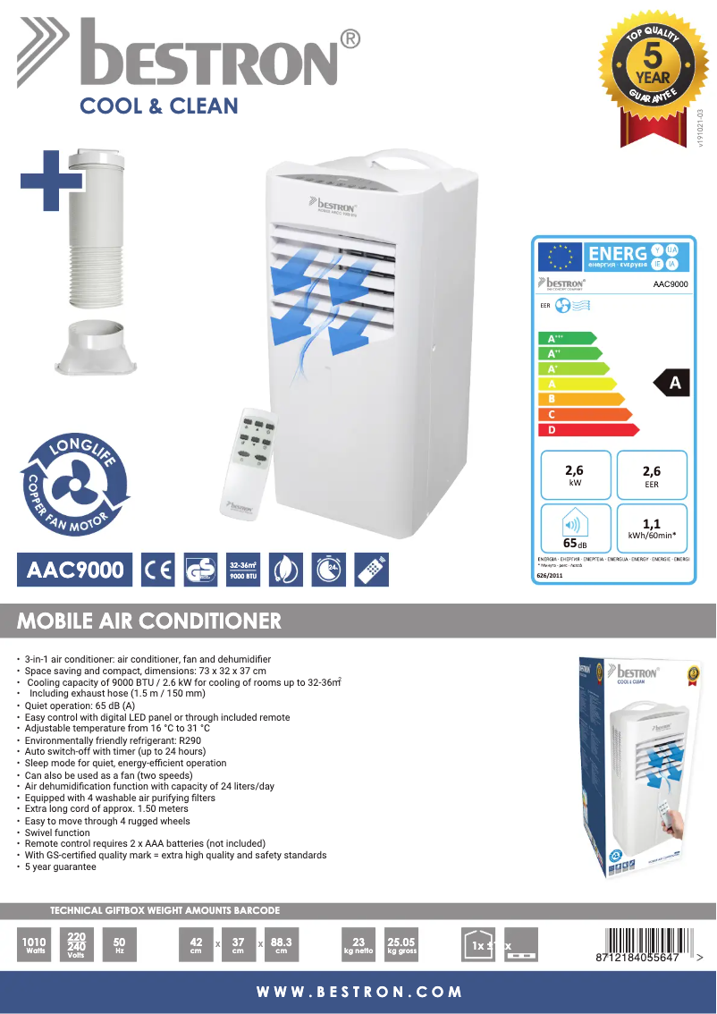 Página 1 del manual Ficha técnica Bestron AAC9000