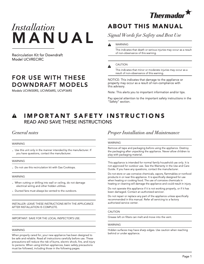 Página 1 del manual Guía de instalación Thermador UCVRECIRC