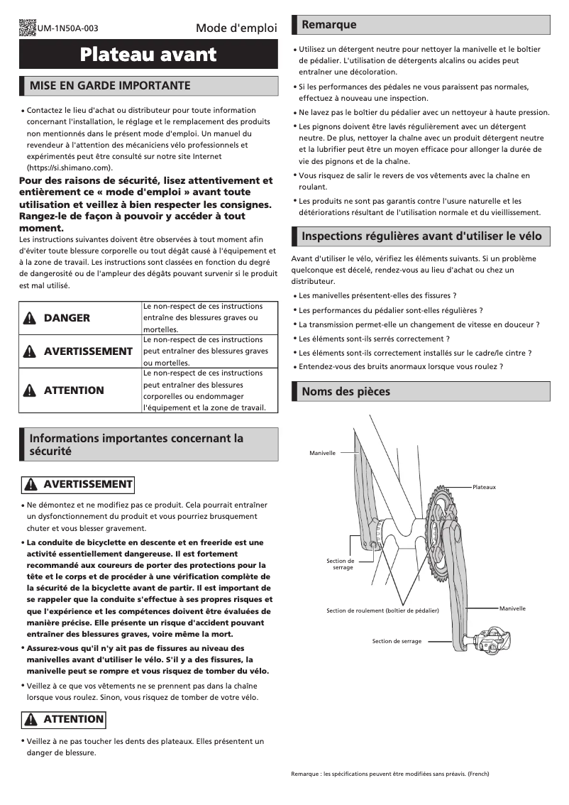 Page 1 de la notice Manuel utilisateur Shimano FC-M825
