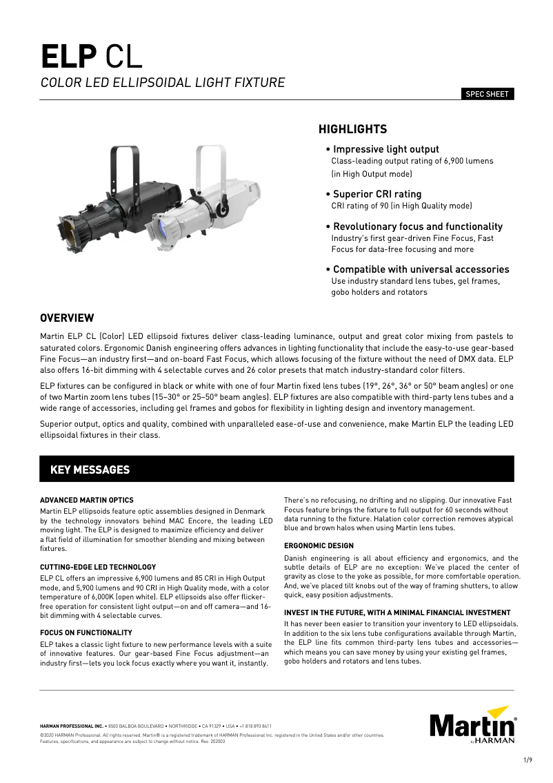 Page n°1 - Fiche technique Martin ELP Zoom Lens
