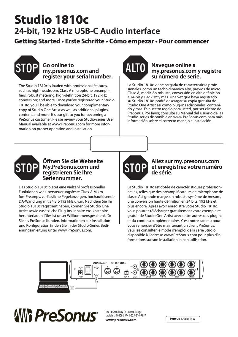 Page 1 de la notice Guide de démarrage rapide PreSonus Studio 1810c