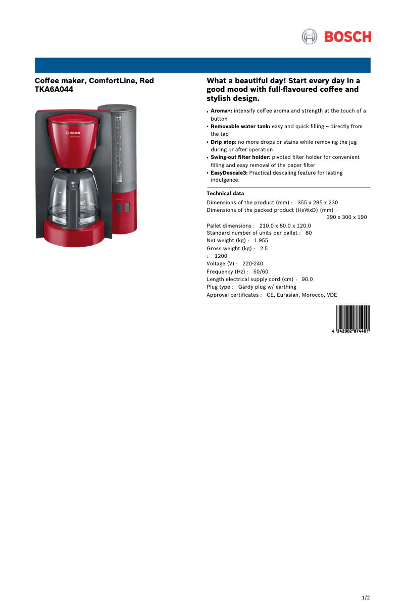 Page n°1 - Fiche technique Bosch ComfortLine TKA6A044