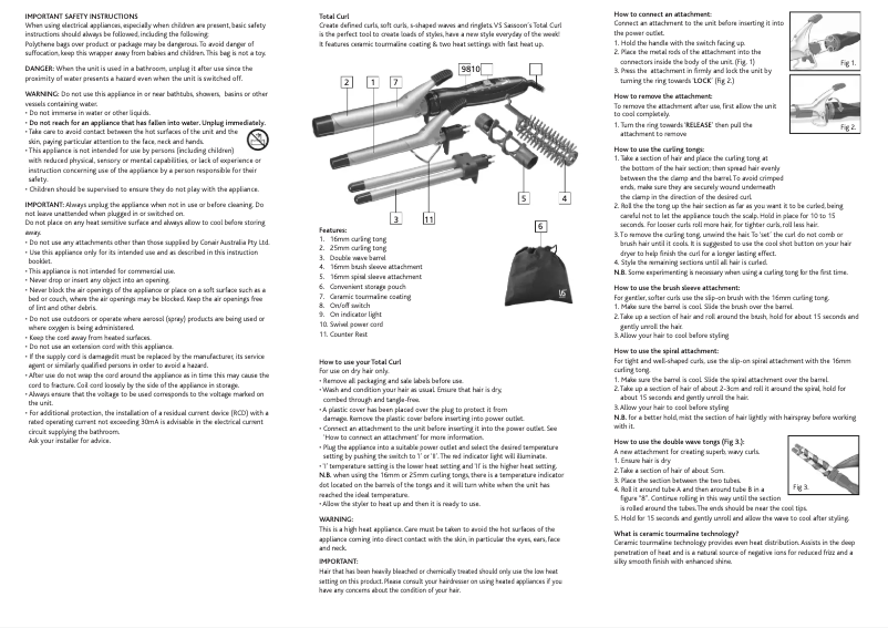 Page 1 de la notice Manuel utilisateur VS Sassoon Total Curl VS2021BA