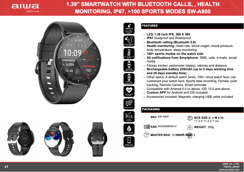 Page 1 de la notice Fiche technique Aiwa SW-A800