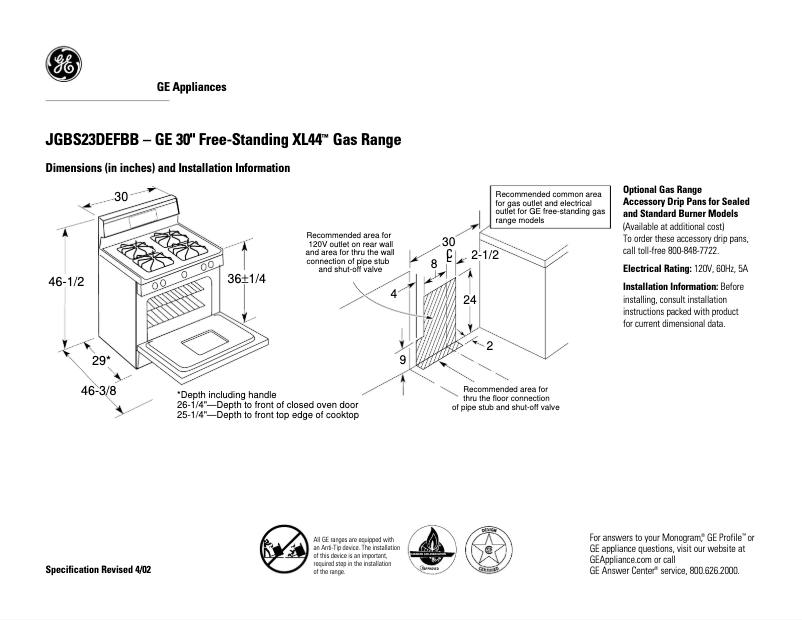 Page 1 de la notice Fiche technique GE JGBS23DEFBB