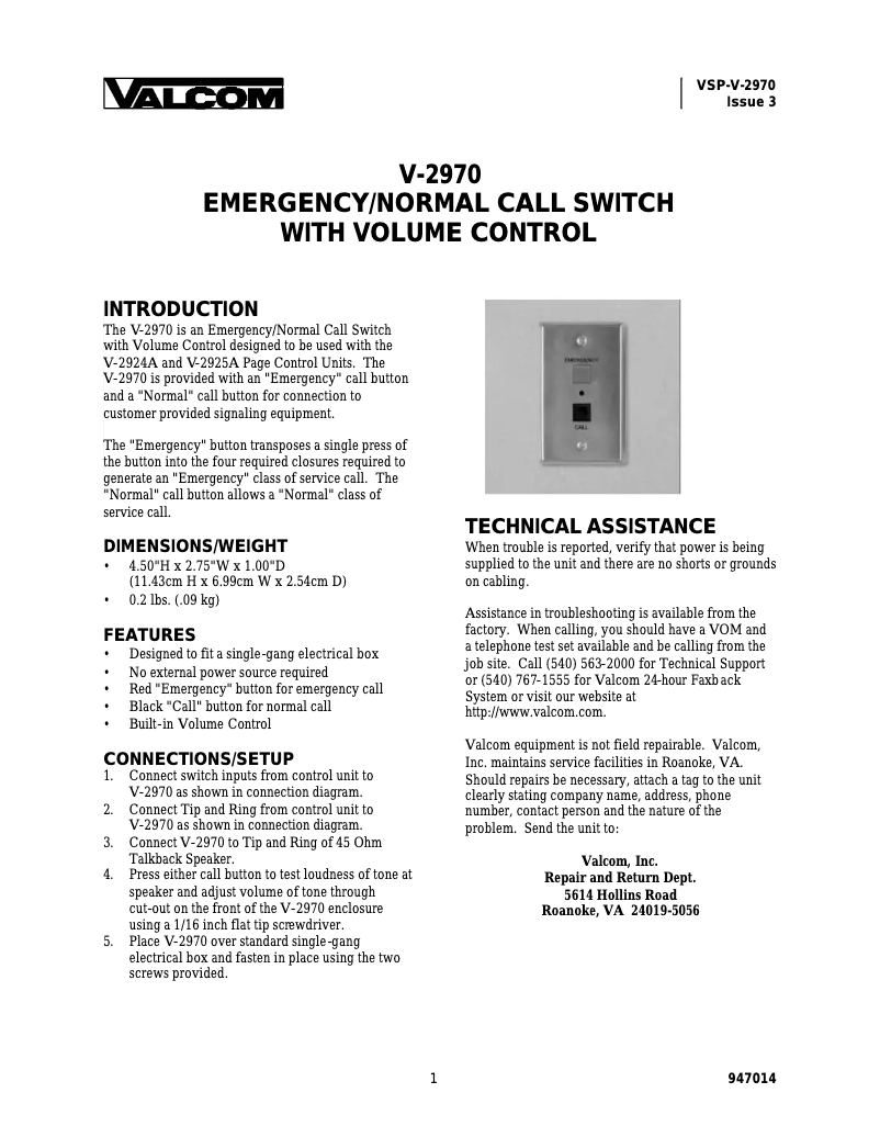 Page 1 de la notice Manuel utilisateur Valcom V-2970