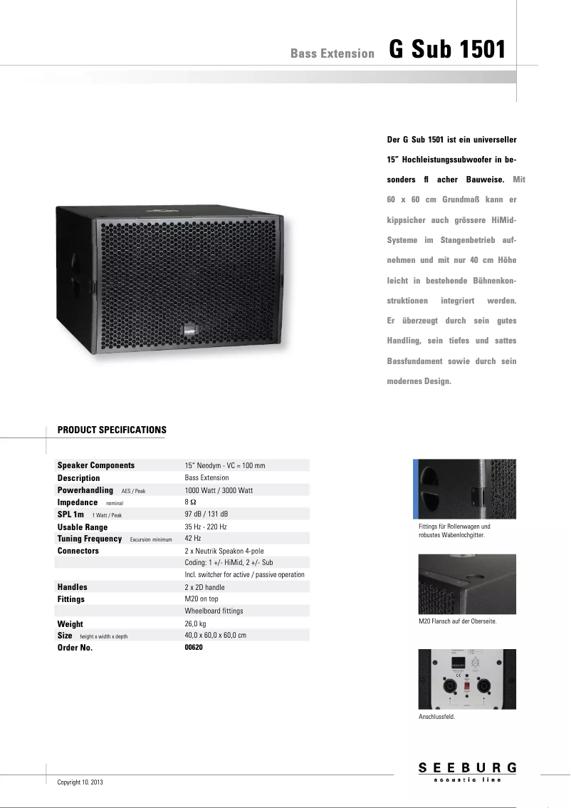 Page 1 de la notice Fiche technique Seeburg G Sub 1501