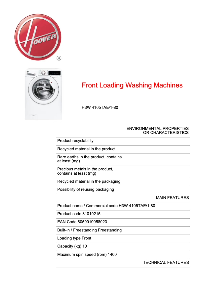 Page n°1 - Fiche technique Hoover H3W 4105TAE/1-80