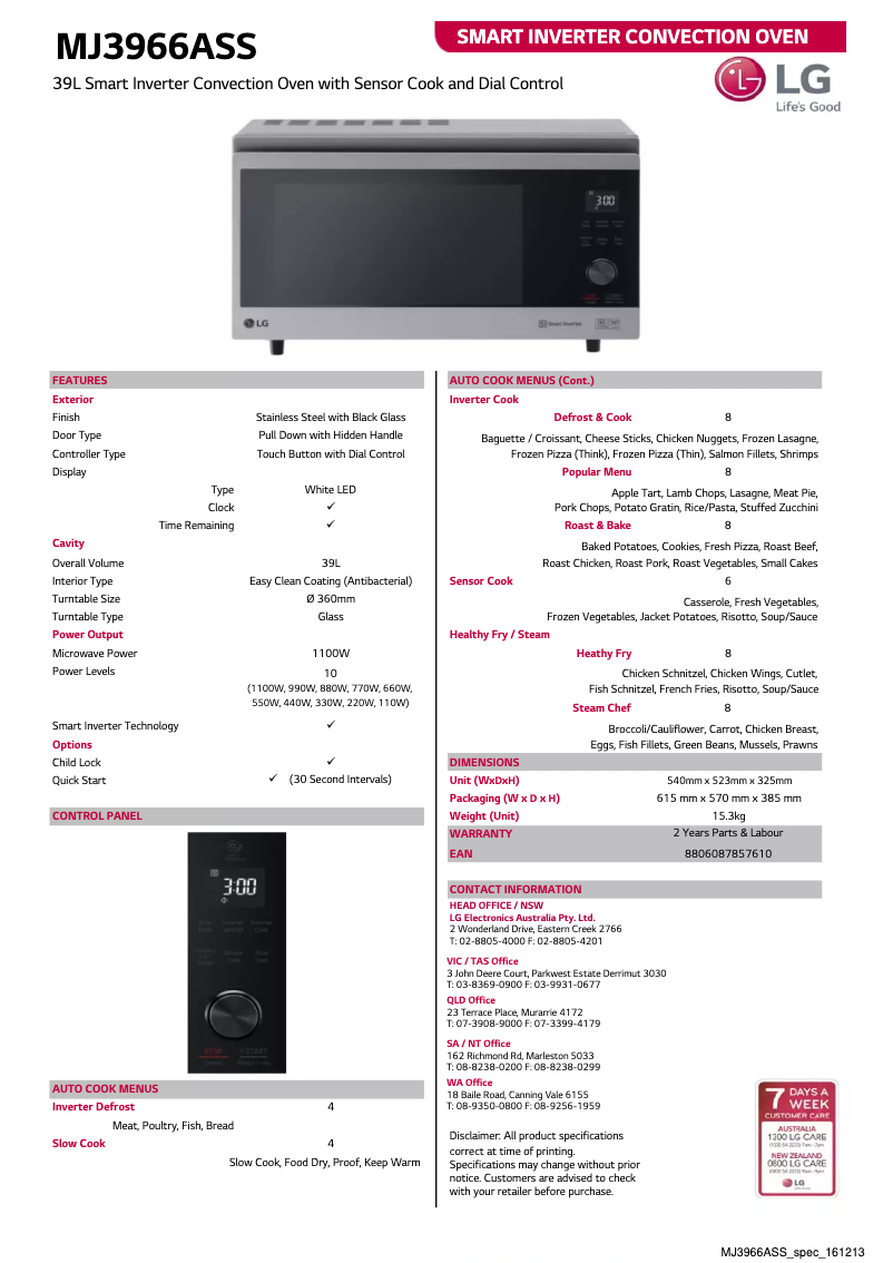 Page 1 of the manual Technical Sheet LG NeoChef MJ3966
