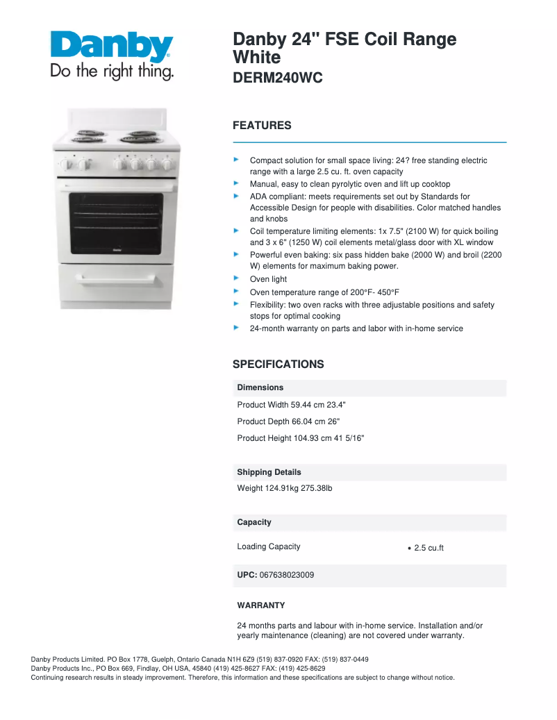 Page n°1 - Fiche technique Danby DERM240WC