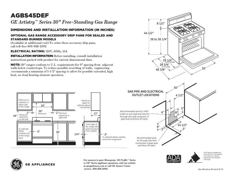 Página 1 del manual Ficha técnica GE Artistry AGBS45DEFWS