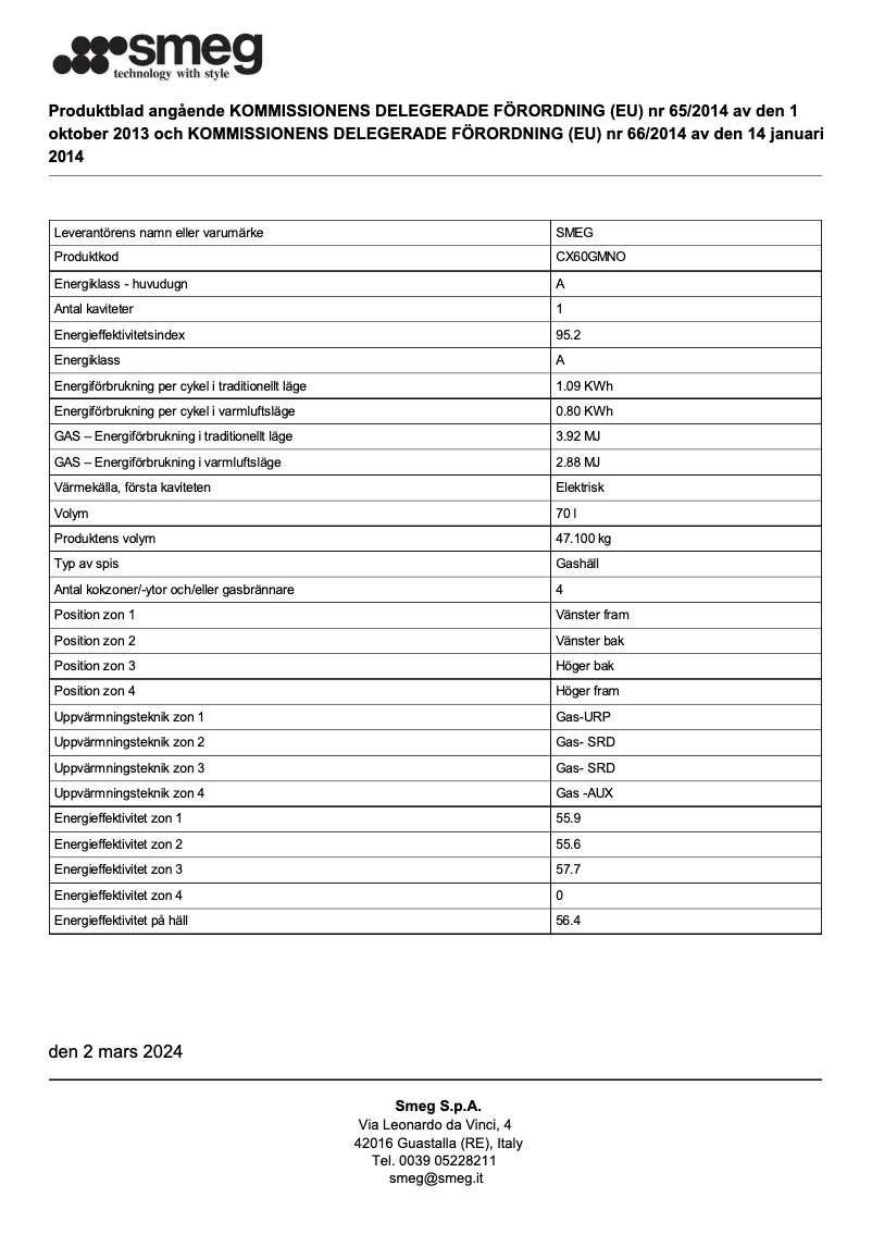 Page 1 de la notice Fiche technique Smeg CX60GMNO