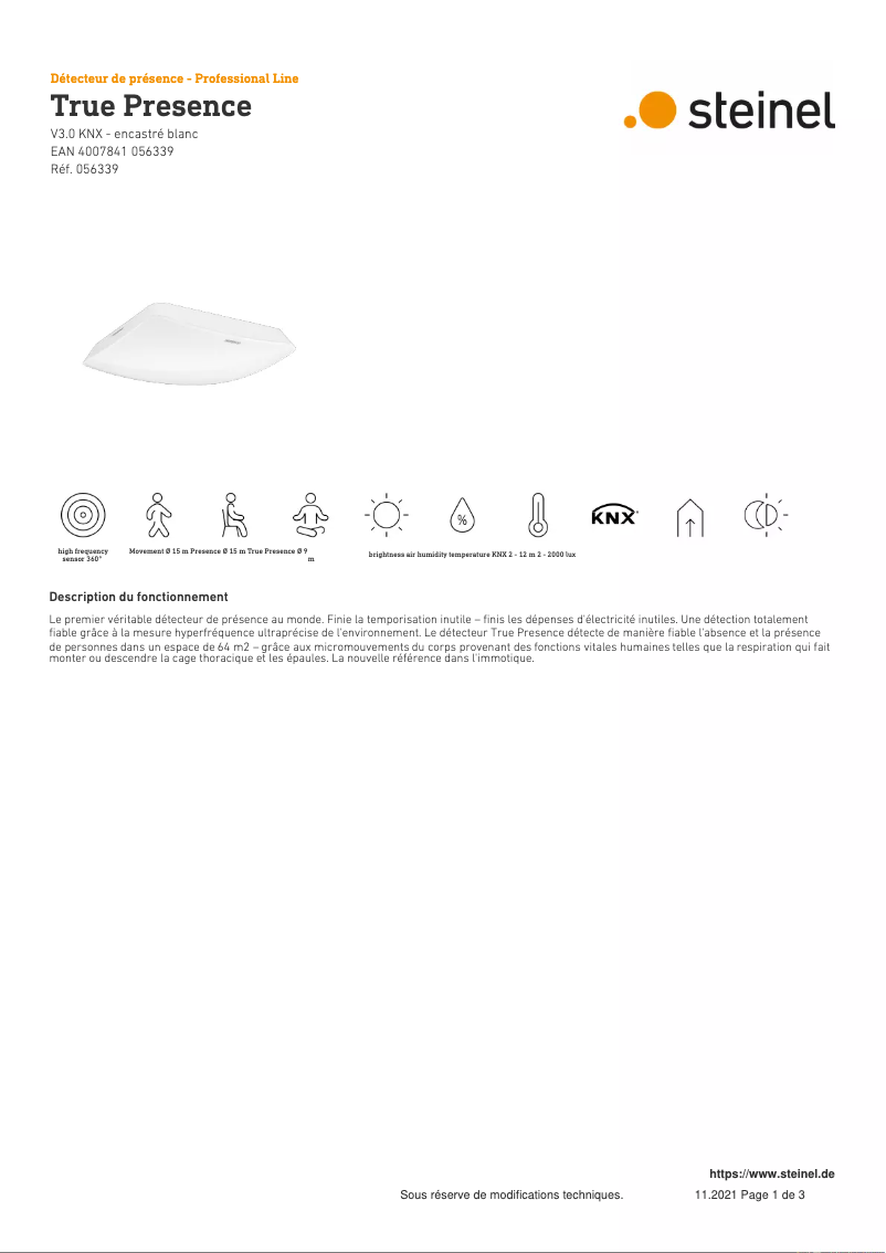 Page 1 de la notice Fiche technique Steinel True Presence KNX