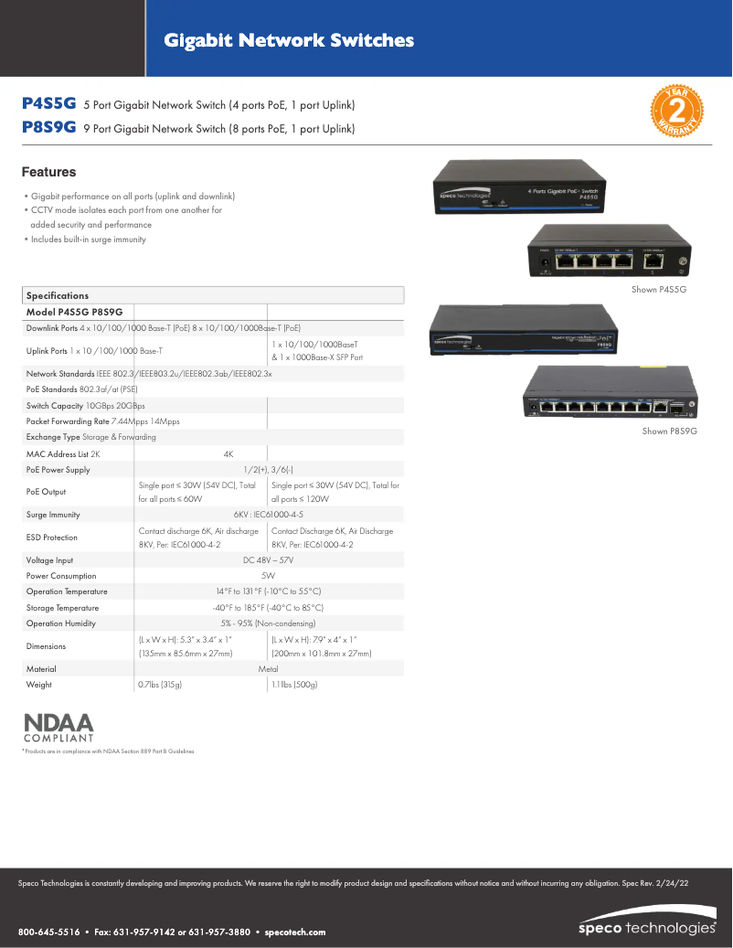 Page 1 de la notice Fiche technique Speco Technologies P4S5G