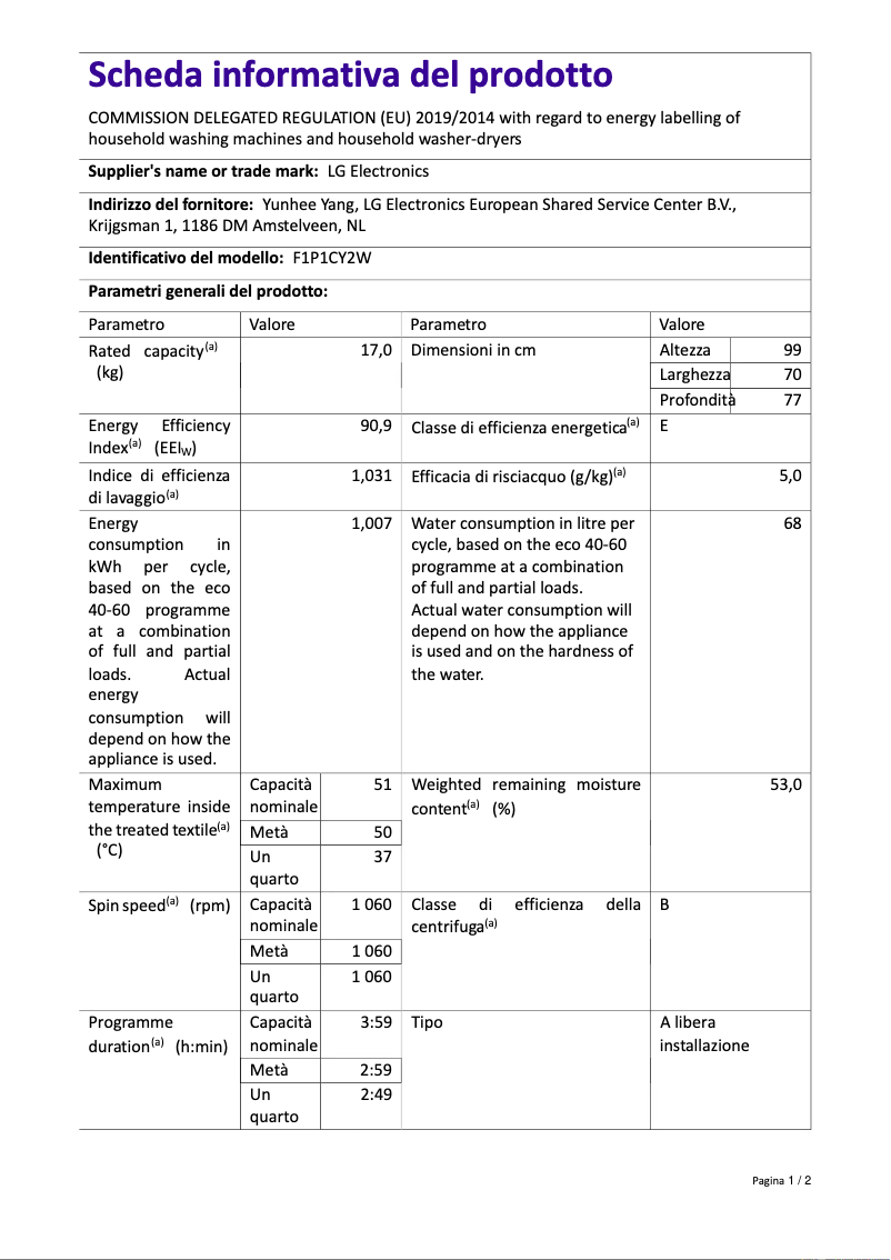 Page 1 de la notice Manuel utilisateur LG F1P1CY2W