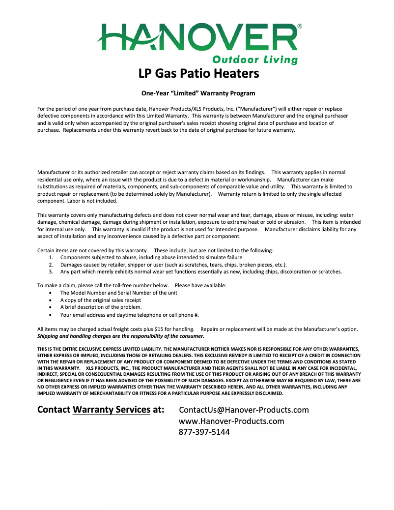 Page 1 de la notice Informations de garantie Hanover HAN102SS