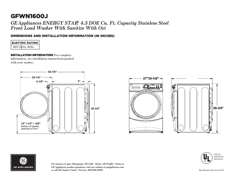 Page 1 de la notice Fiche technique GE GFWN1600JWW