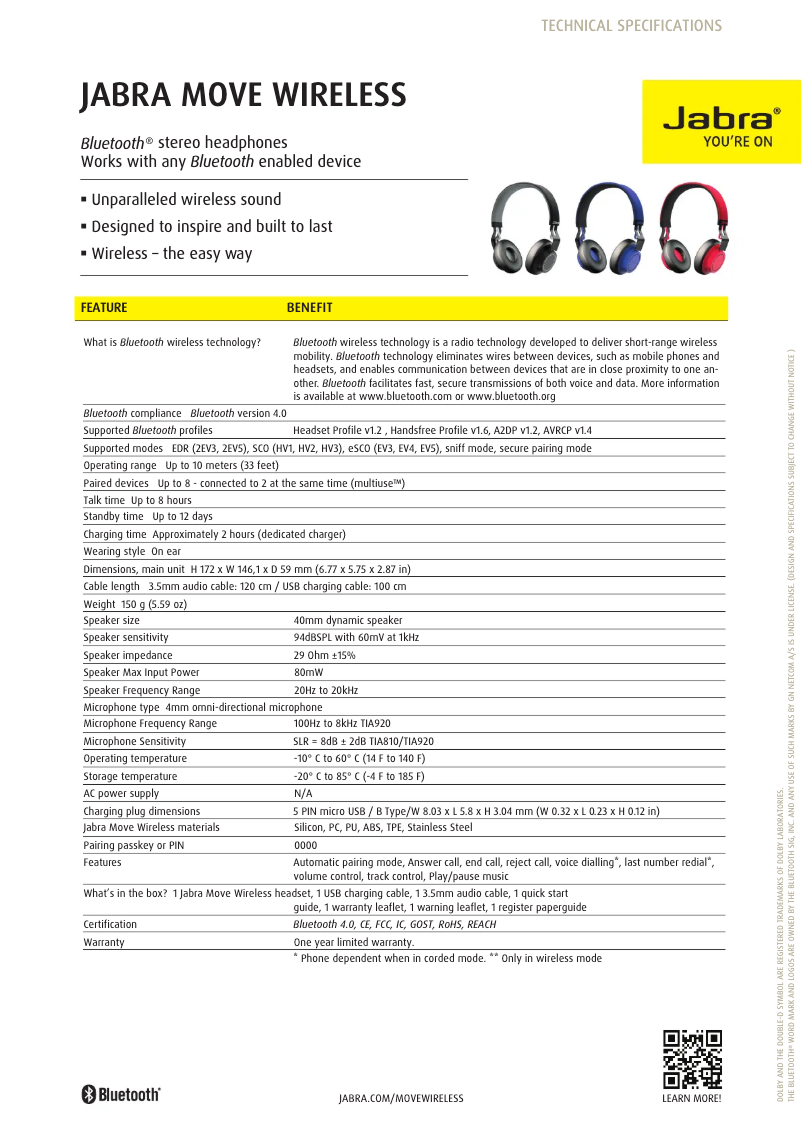 Page n°1 - Fiche technique Jabra Move Wireless