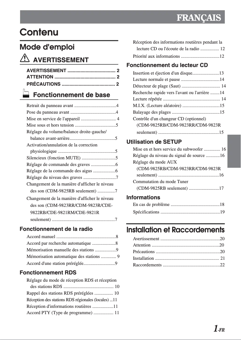 Page n°1 - Manuel utilisateur Alpine CDE-9821RM