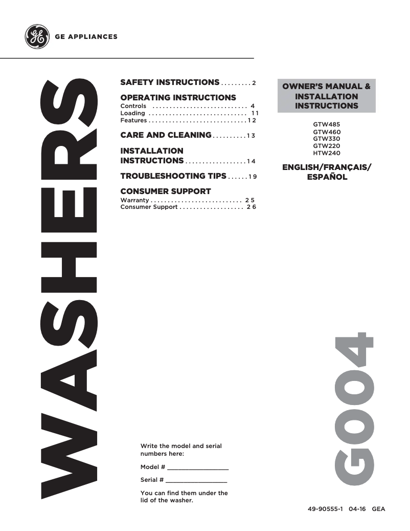 Page 1 de la notice Manuel utilisateur GE GTW330ASKWW