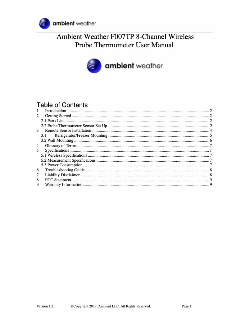 Page n°1 - Manuel utilisateur Ambient Weather F007TP