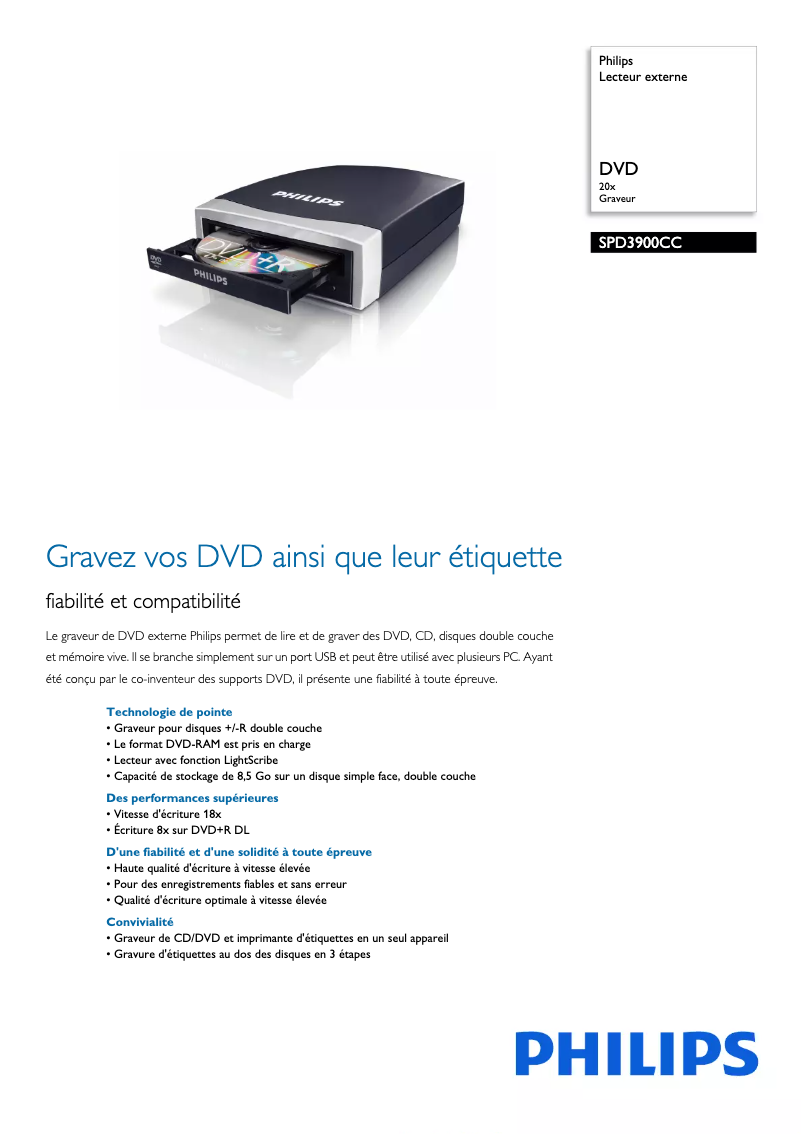 Page n°1 - Fiche technique Philips SPD3900CC
