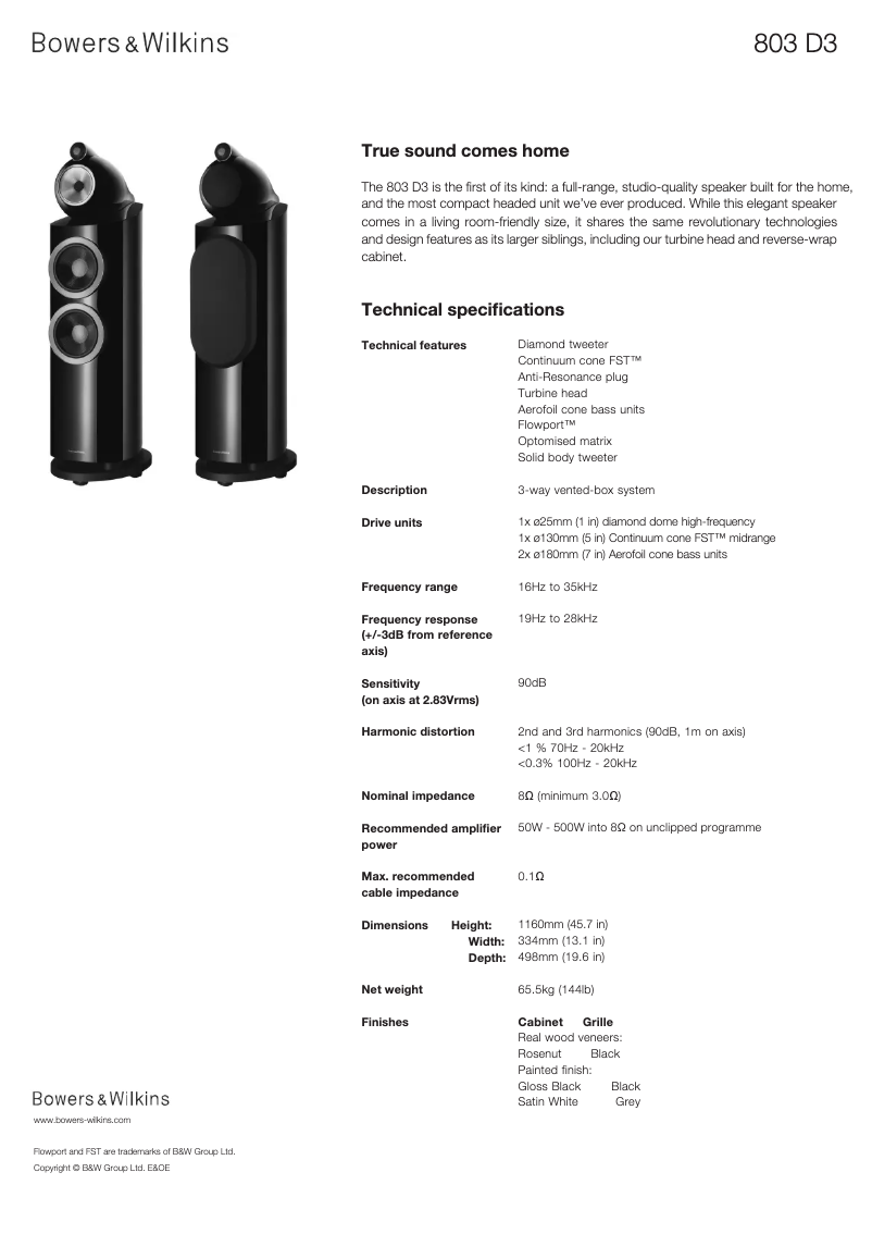 Page 1 de la notice Fiche technique Bowers & Wilkins 804 D3
