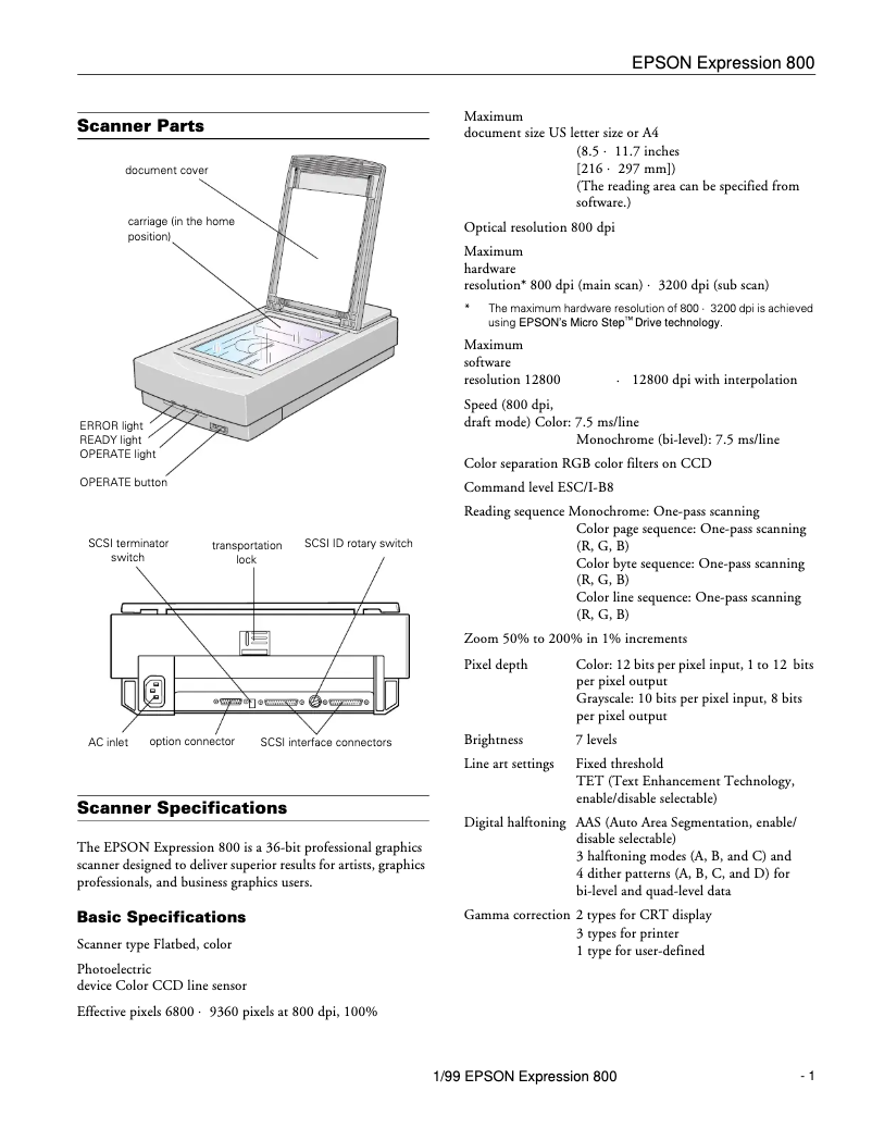 Página 1 del manual Ficha técnica Epson Expression 800
