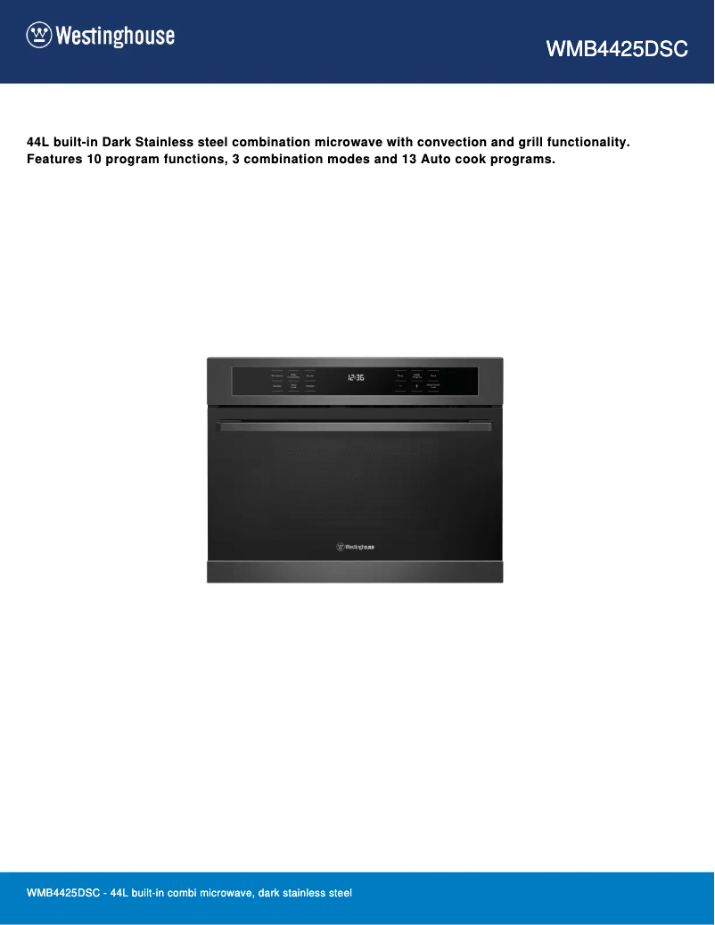 Page 1 de la notice Fiche technique Westinghouse WMB4425DSC