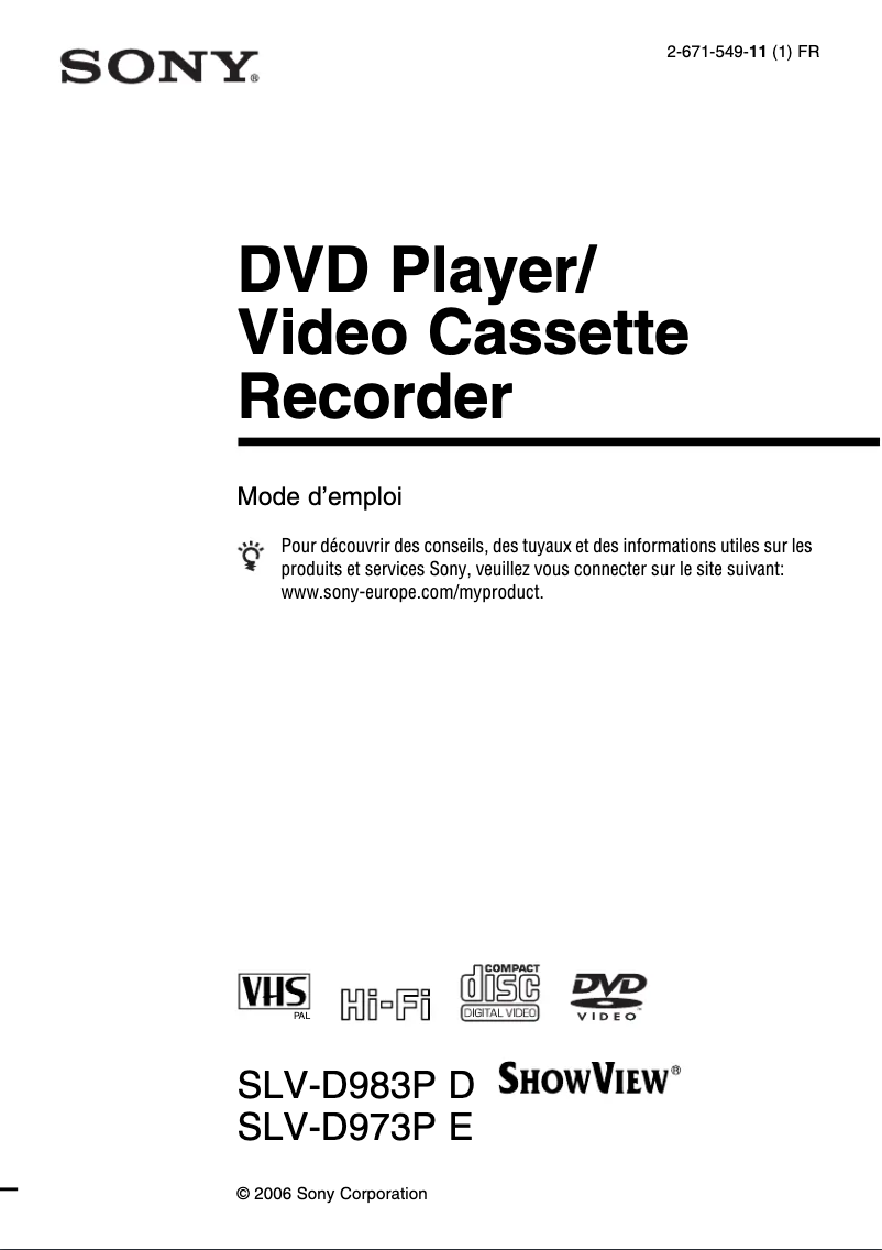 Page 1 de la notice Manuel utilisateur Sony SLV-D973PE