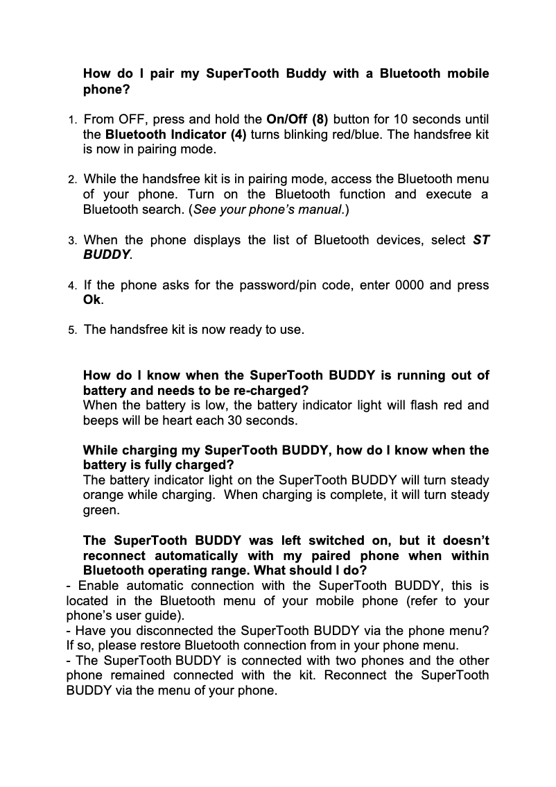 Page 1 de la notice FAQ SuperTooth Buddy