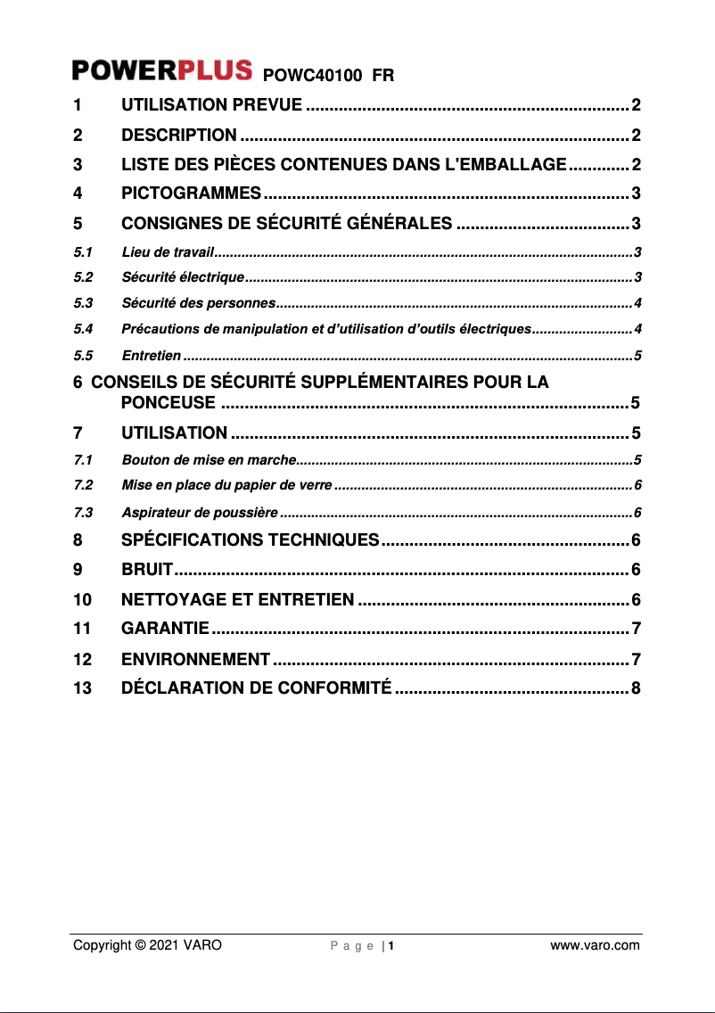 Page n°1 - Manuel utilisateur PowerPlus POWC40100