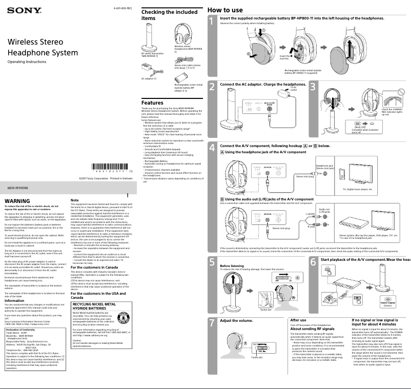 Page 1 de la notice Manuel utilisateur Sony MDR-RF995RK