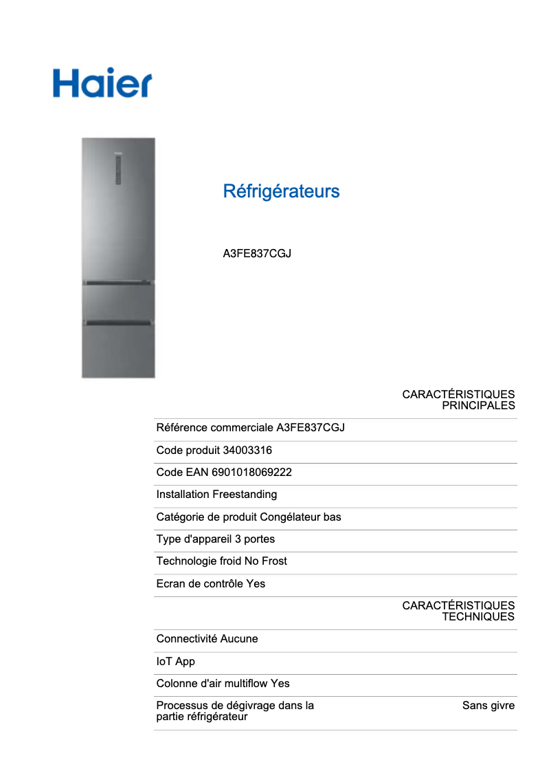 Page 1 de la notice Fiche technique Haier A3FE837CGJ