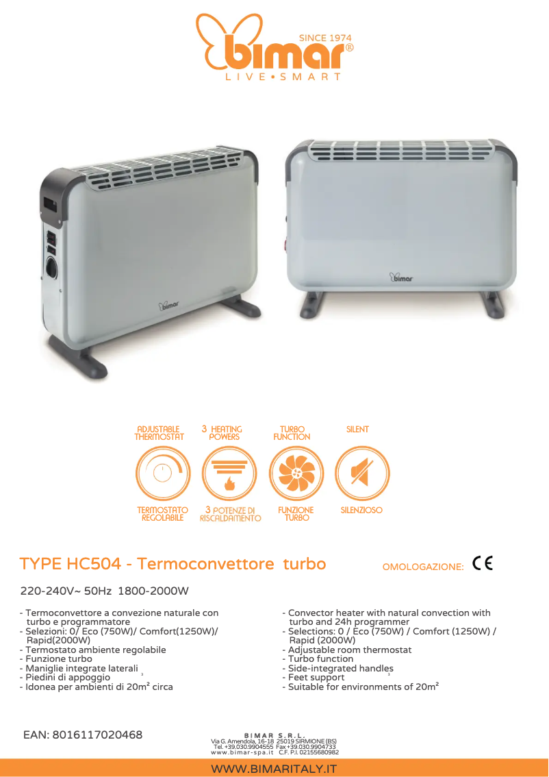 Page 1 de la notice Fiche technique Bimar HC504