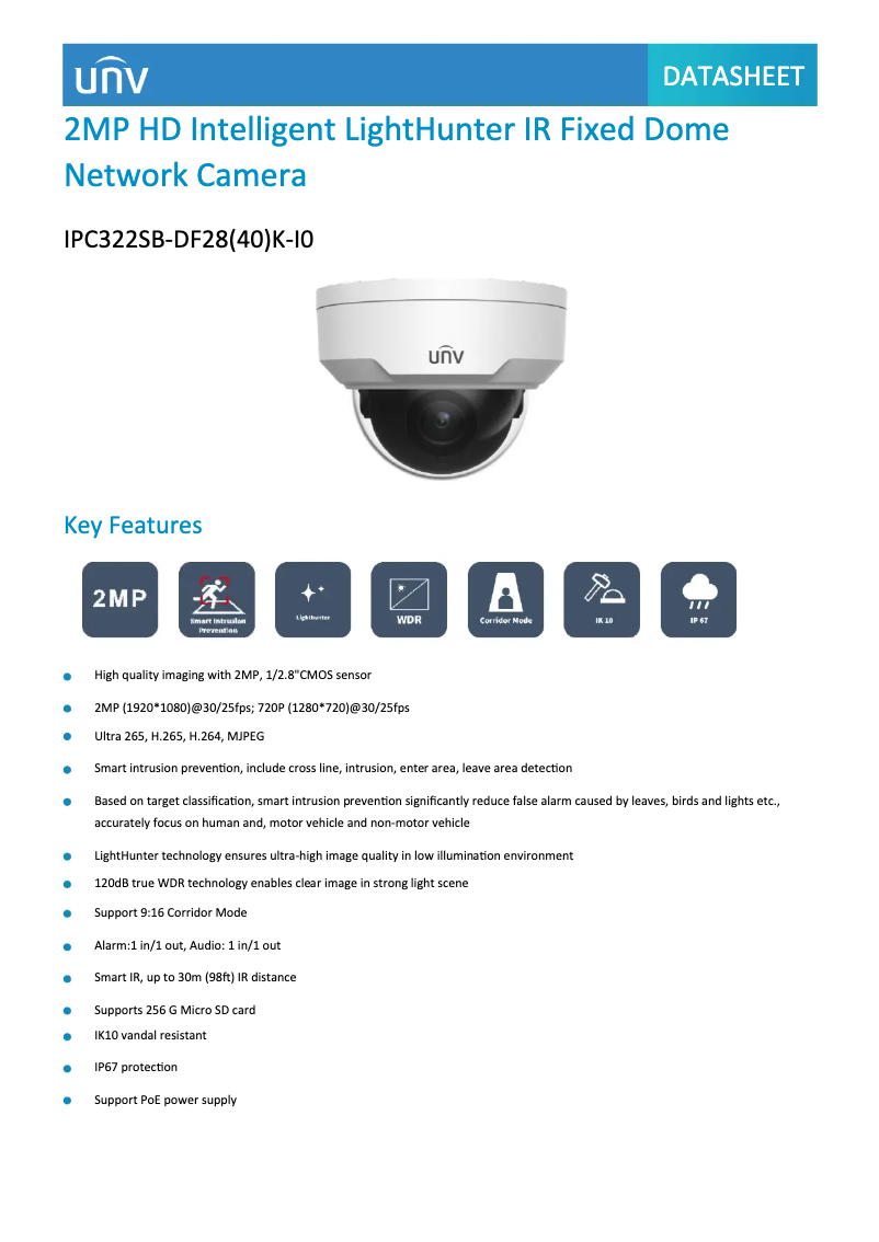 Page 1 de la notice Fiche technique UniView IPC322SB-DF28(40)K-I0