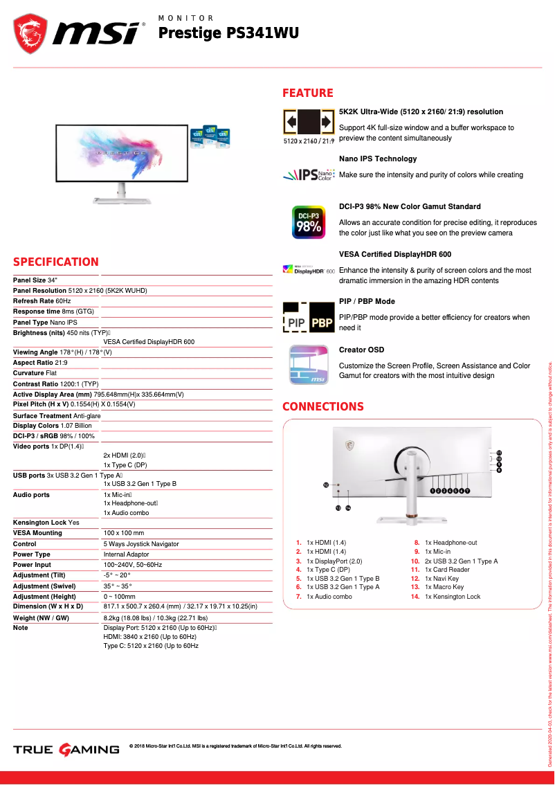 Page 1 de la notice Fiche technique MSI Prestige PS341WU