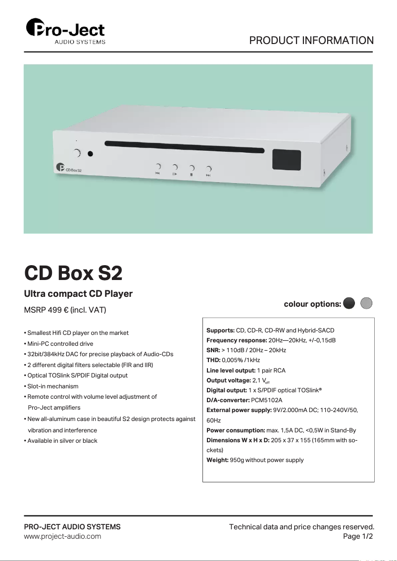 Página 1 del manual Ficha técnica Pro-Ject CD Box S2