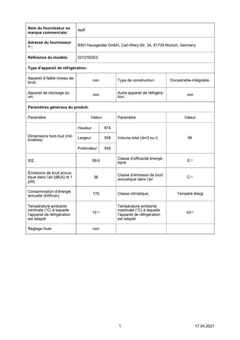 Page n°1 - Label énergétique Neff GI1216DE0