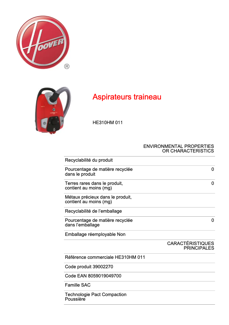 Page n°1 - Fiche technique Hoover H-Energy 300 HE310HM