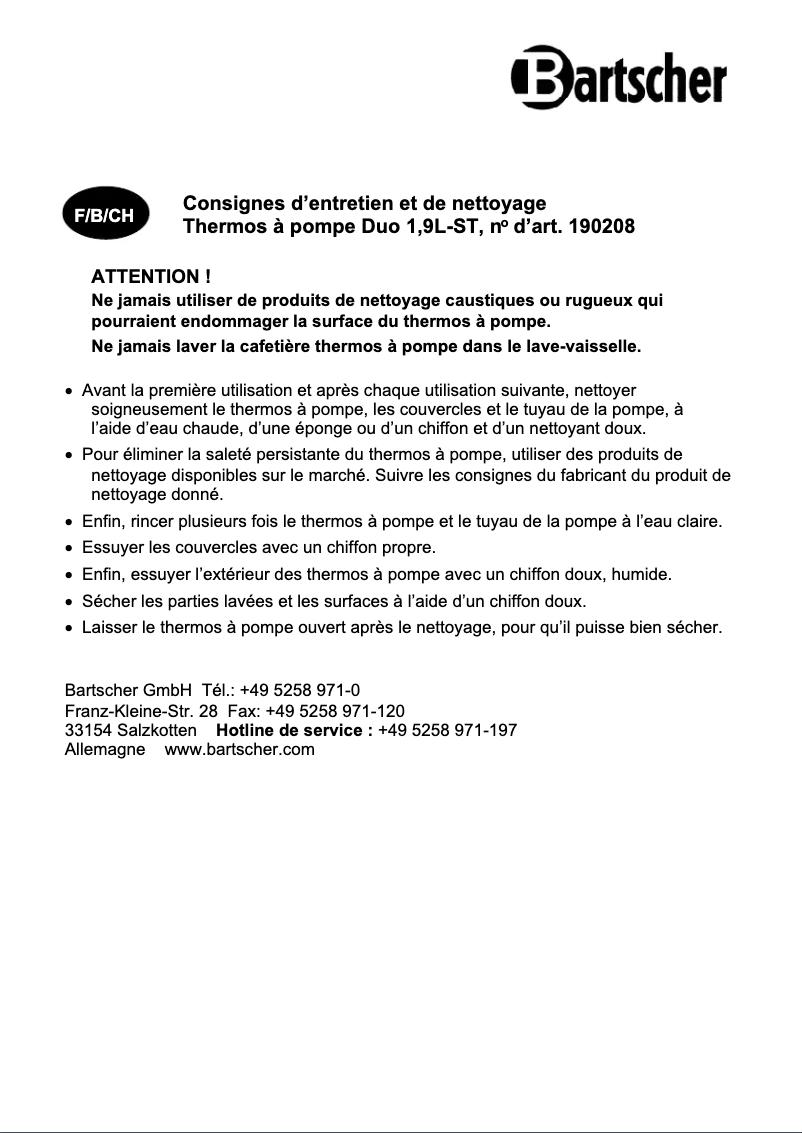 Page n°1 - Manuel utilisateur Bartscher 190208
